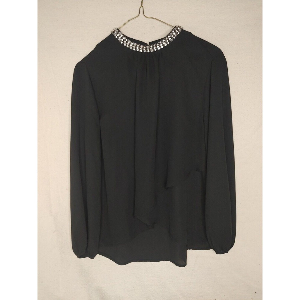 Monteau Beaded Diamond Neckline Black Long Sleeve Blouse Keyhole Back Size M A60